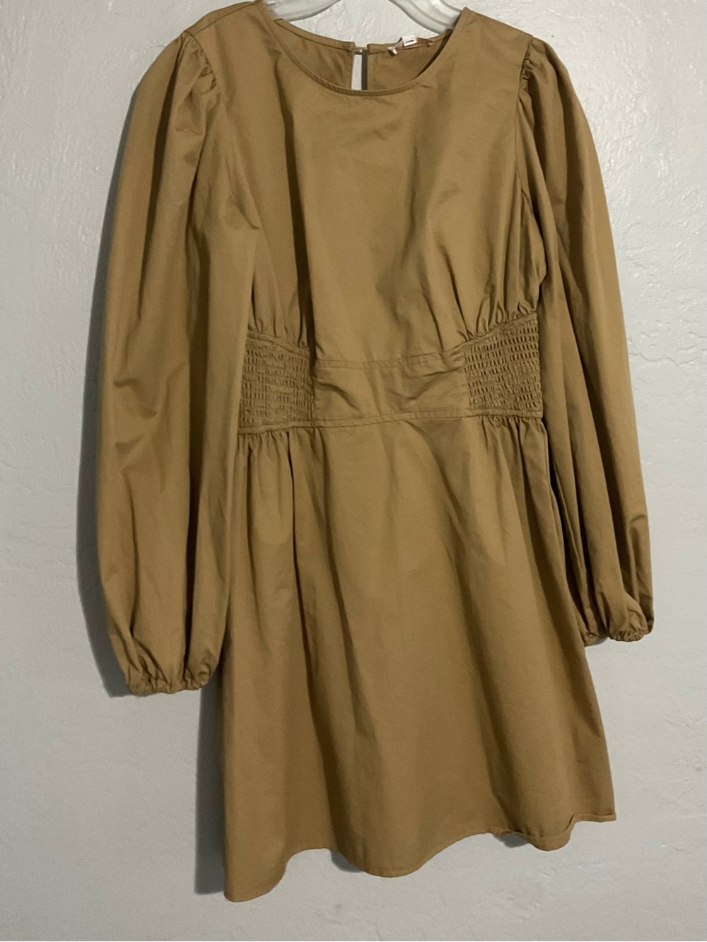 Womens Camel-Tan Long Sleeve Smocked-Waist Midi Dress